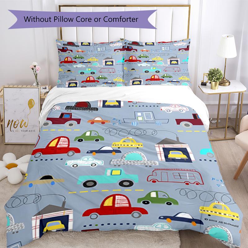 3pcs Cute Cars Bedding Set Duvet Cover Closure Includes 1 Duvet Cover & 2 Pillowcases, Soft and Comfortable for All Seasons.