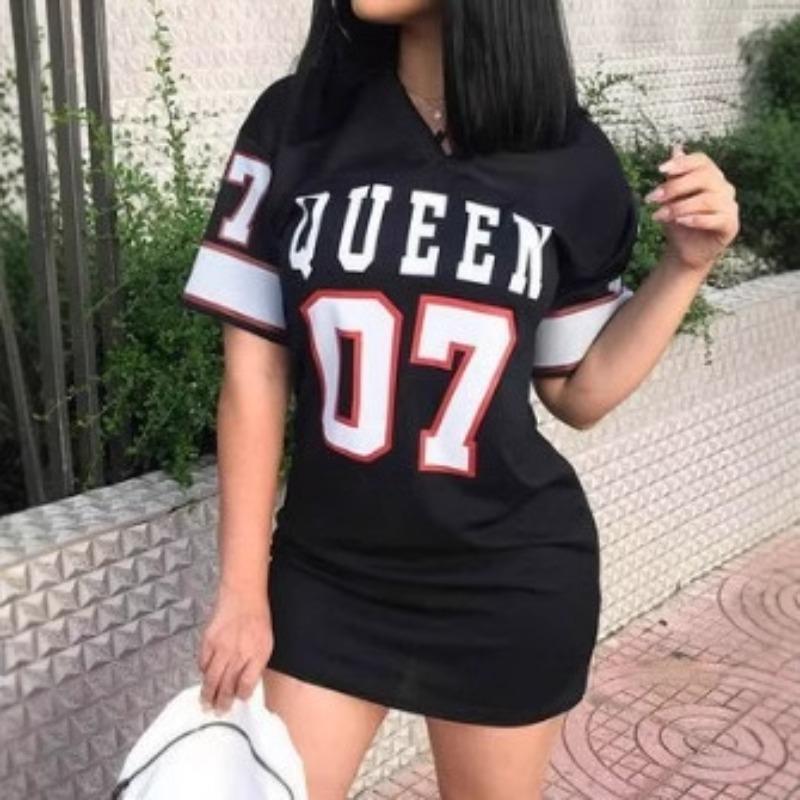 2026 New Fashion V-Neck Queen Letters Print Dress Short Sleeve Basketball Sporty Style Sexy Loose Female Clothing Streetwear