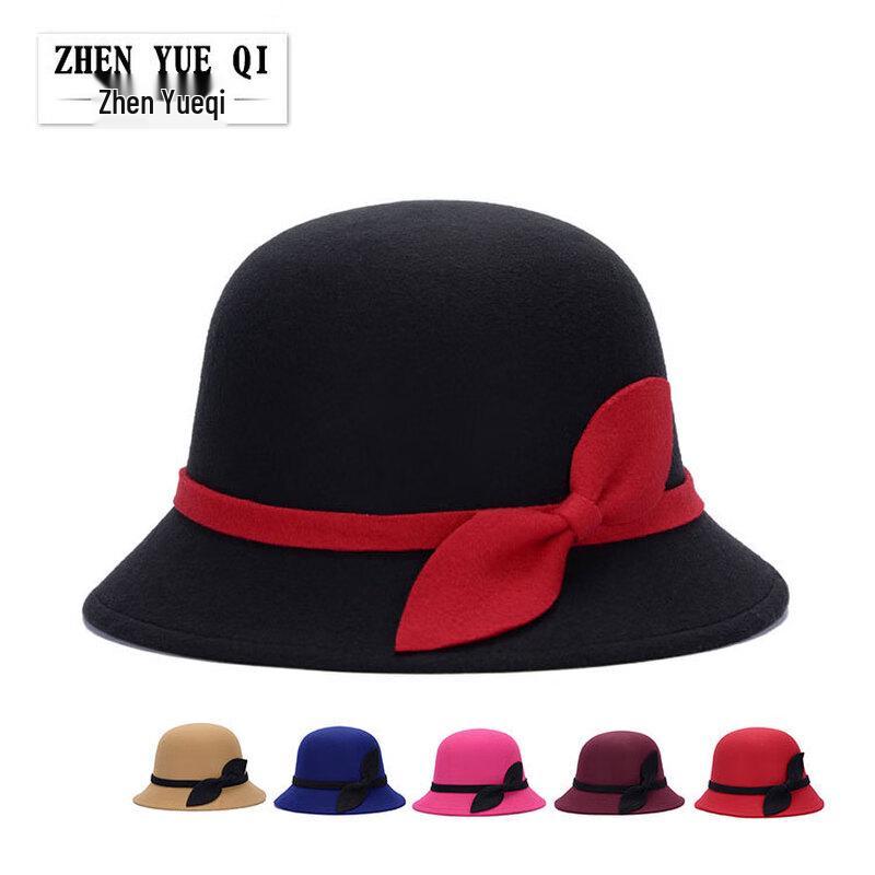 Women's Retro Wool Felt Hat with Leaf Bow