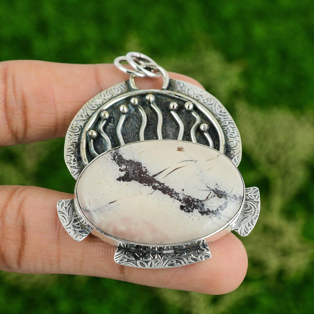Daughters Day Sale Oval Porcelain Jasper Stone Handmade Boho Pendant 925 Silver