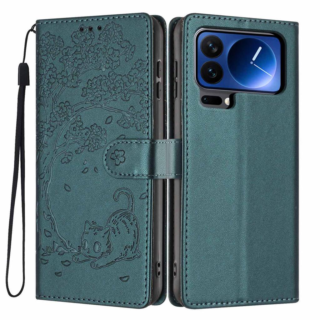 For Xiaomi 17 Pro Max Stand Case Tree-and-Cat Pattern PU Leather Wallet Protective Phone Cover with Wrist Strap