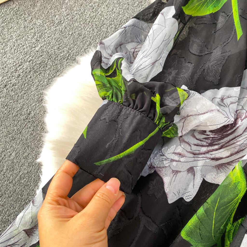 Francuski Styl Wakacyjny Super Wróżkowy Nadruk Klapa Długi Rękaw Sukienka Damska Wiosna Jesień Jednorzędowa Talia Rozkloszowana Elegancka