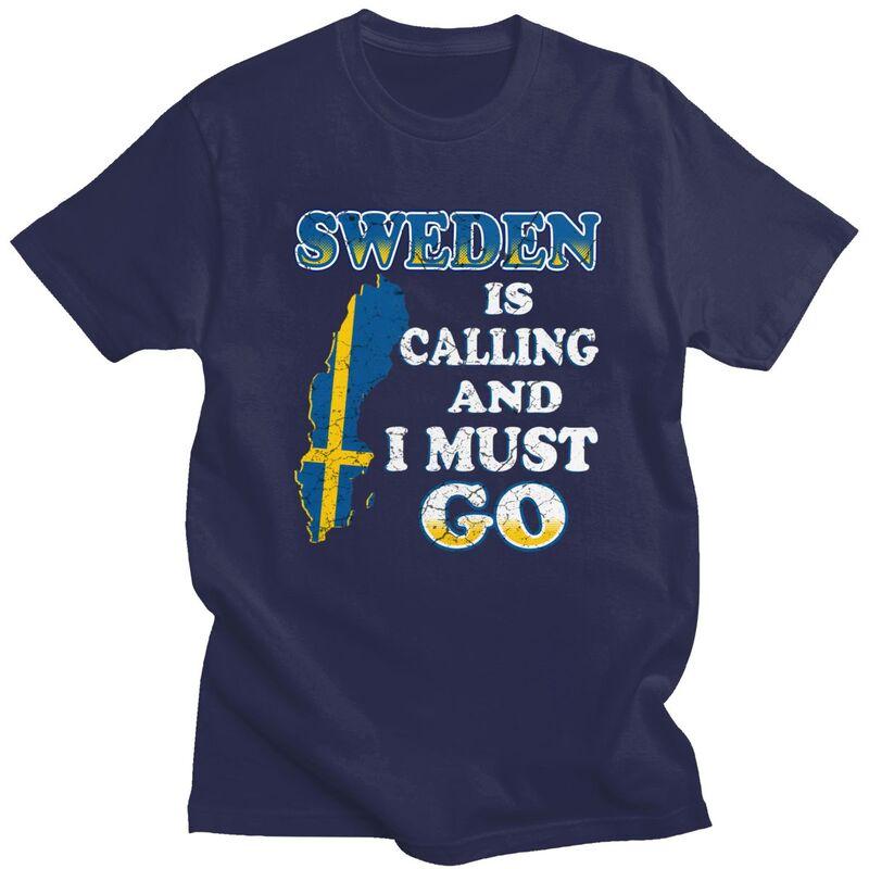 Mens Sweden Is Calling T Shirt Short Sleeve Cotton Tshirts Valentines Day Gift Casual Sweden Flag Tee Loose Fit Clothing