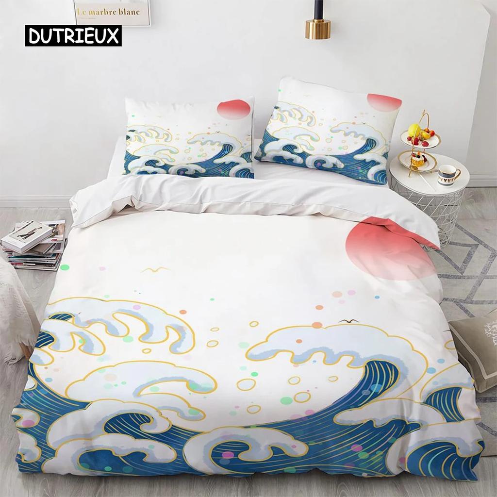 Wave Duvet Cover Set Hokusai Pattern Japanese Ukiyoe Quilt Cover Oriental Sketch Style Ocean Queen Twin Polyester Bedding Set