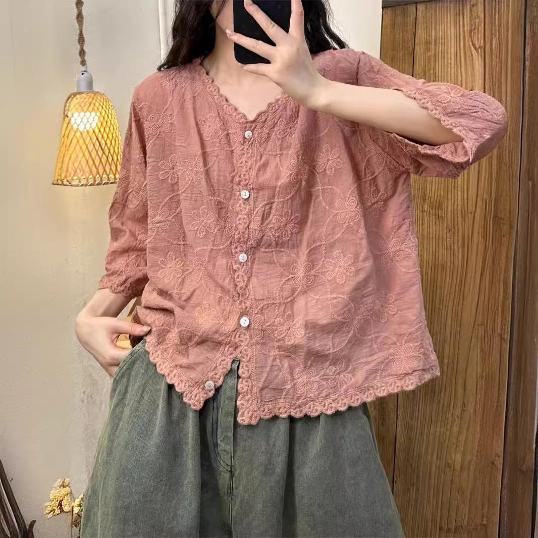 

Летние женские хлопковые рубашки с вышивкой, свободные однобортные женские топы с V-образным вырезом One Size розовый