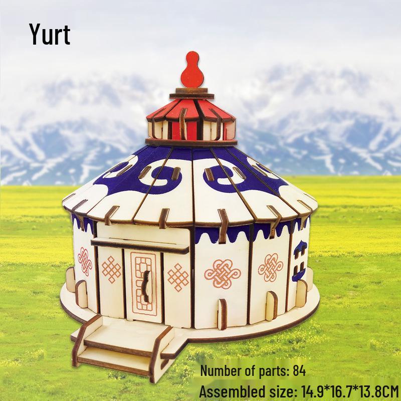 Wooden 3D Mongolian Yurt Model DIY Craft - Handmade Ethnic Style Educational Toy Ornament