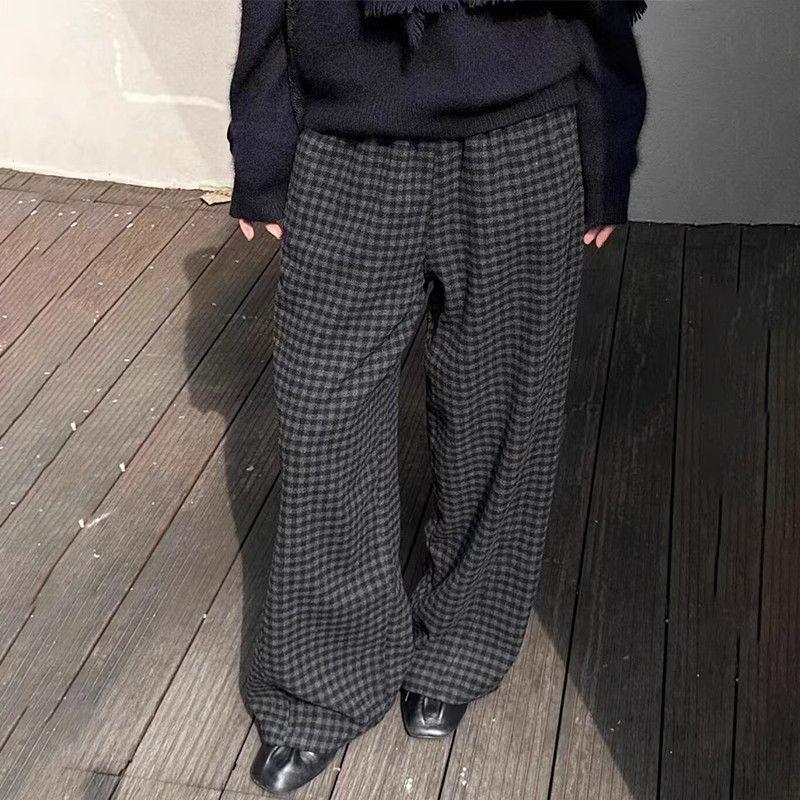 Korean Style High-Waisted Plaid Wool Wide-Leg Pants for Women - Autumn/Winter Trend