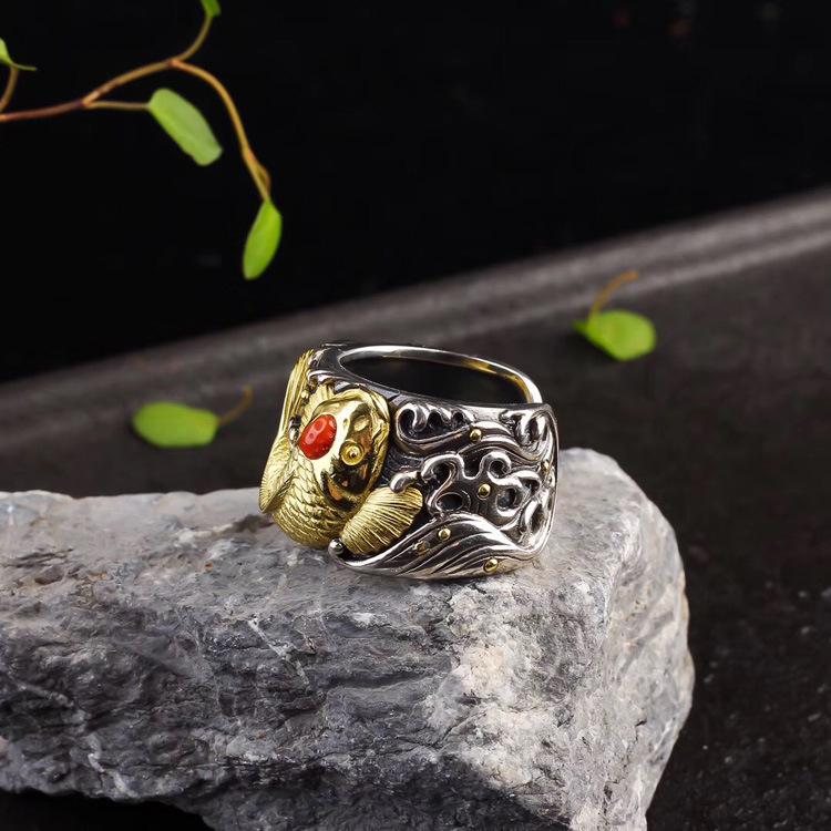 Men's Koi Adjustable S925 Silver Thumb Ring - Handmade Retro Ethnic Style Jewelry