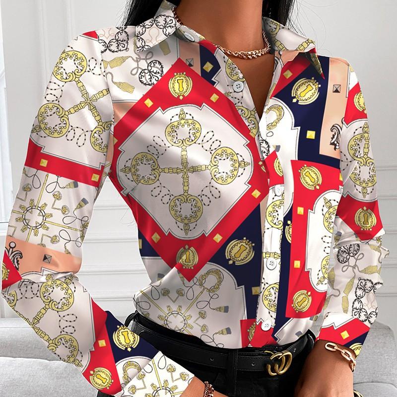 Damen Herbst Locker Langarm V-Ausschnitt Knopf Bedruckte Hemdbluse