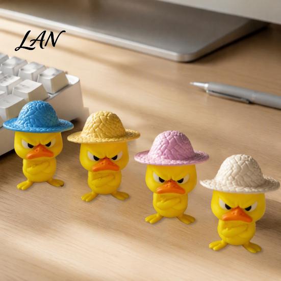 Compact Ornament for Monitor Stand 4Pcs 3D Printed Angry Duck Figurines, Mini Grumpy with Straw Hat, Collectible Figurine Desk Enthusiasts Cute