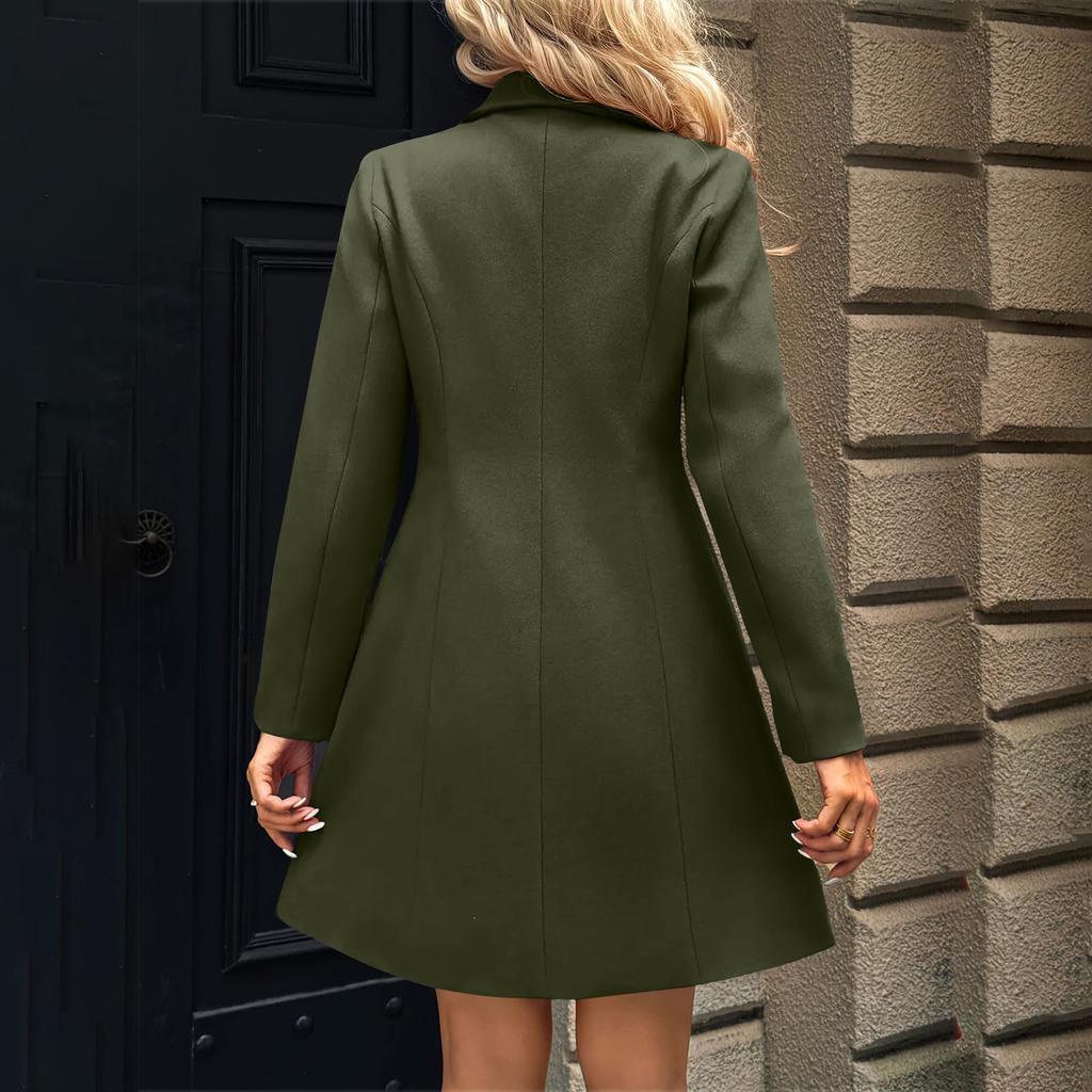 Dam Enfärgad Långärmad Revers Lång Kappa Ullknappkappa