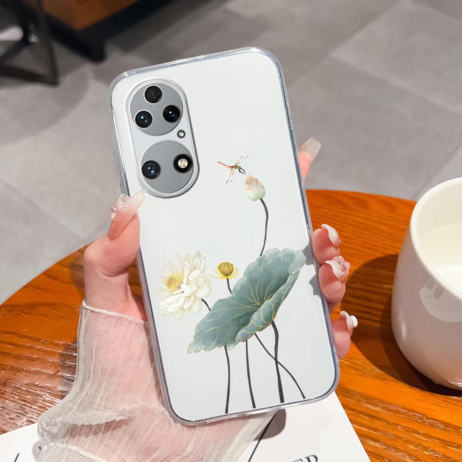 For Huawei P50 Pro P50E Phone Case Lucky Flowers Patterns Transparent Protective Funda For Huawei P 50 Soft TPU Silicone Bumper