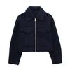 Women Fashion with Pockets Grey Front Zipper Jackets Vintage Lapel Neck Long Sleeves Female Chic Lady Outfits