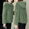 Yousheng Women Winter Coat Double-sided Thick Cozy Plush Hooded Long Sleeves Zipper Closure Solid Color Cardigan Loose Jacket Outerwear