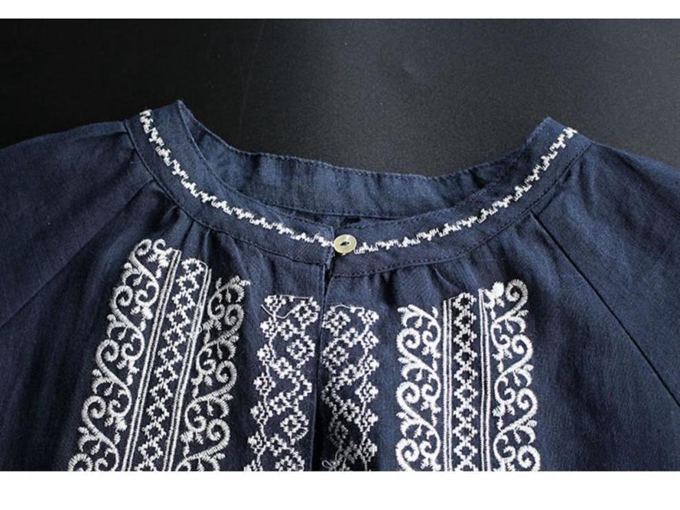 Women's Plus Size Cotton & Linen Shirt - Spring/Summer 2025 Ethnic Style with Wheat Ear Embroidery, Long Sleeve, Loose Fit.