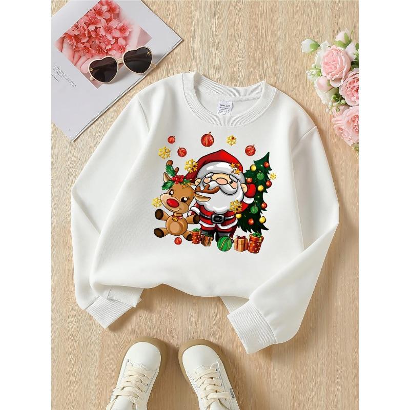 Girls' Santa Reindeer Christmas Tree Gifts Snowflakes Ornaments Crewneck Sweatshirt | Autumn and Winter Western Style