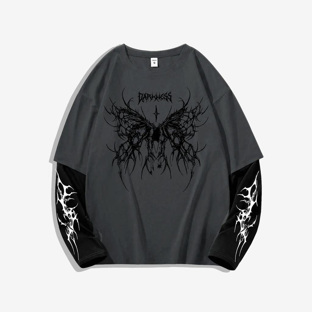 Herren Dark Aesthetic "Darkness" Grafik Langarmshirt, Gespickter Schmetterling Fake Layer Streetwear Oberteil