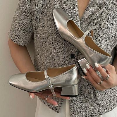 Silver Mary Jane Lolita Shoes for Women 2024 New Ankle Strap High Heels Women Thick Heel Patent Leather Party Shoes Cosplay