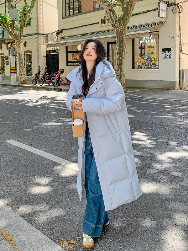 Mingmo Damen Langer Daunenmantel im koreanischen Stil - Überknie, Verdickt, 90% Weiße Entendaunen, Übergröße, Studentenstil.