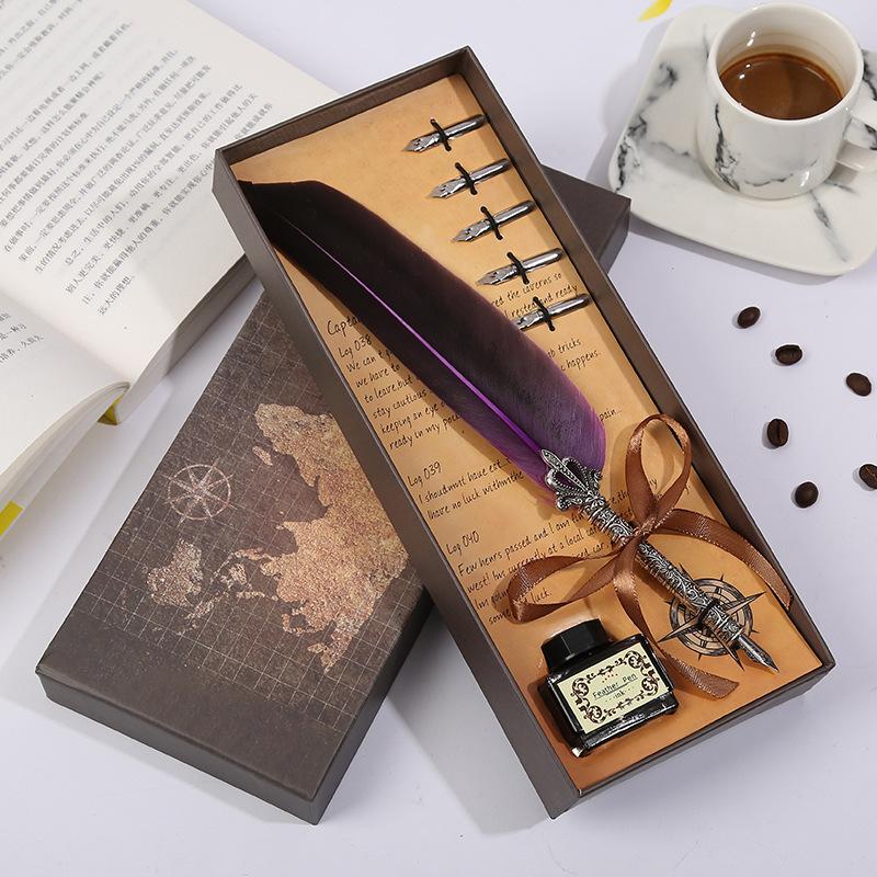 Map Creative Pen Gift Box Crown Quill Set Retro Metal Pen Pen Gift Pen