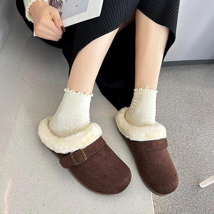 Fleece bag head fluffy Birkenstocks, thickened warm snow half-drag cotton shoes