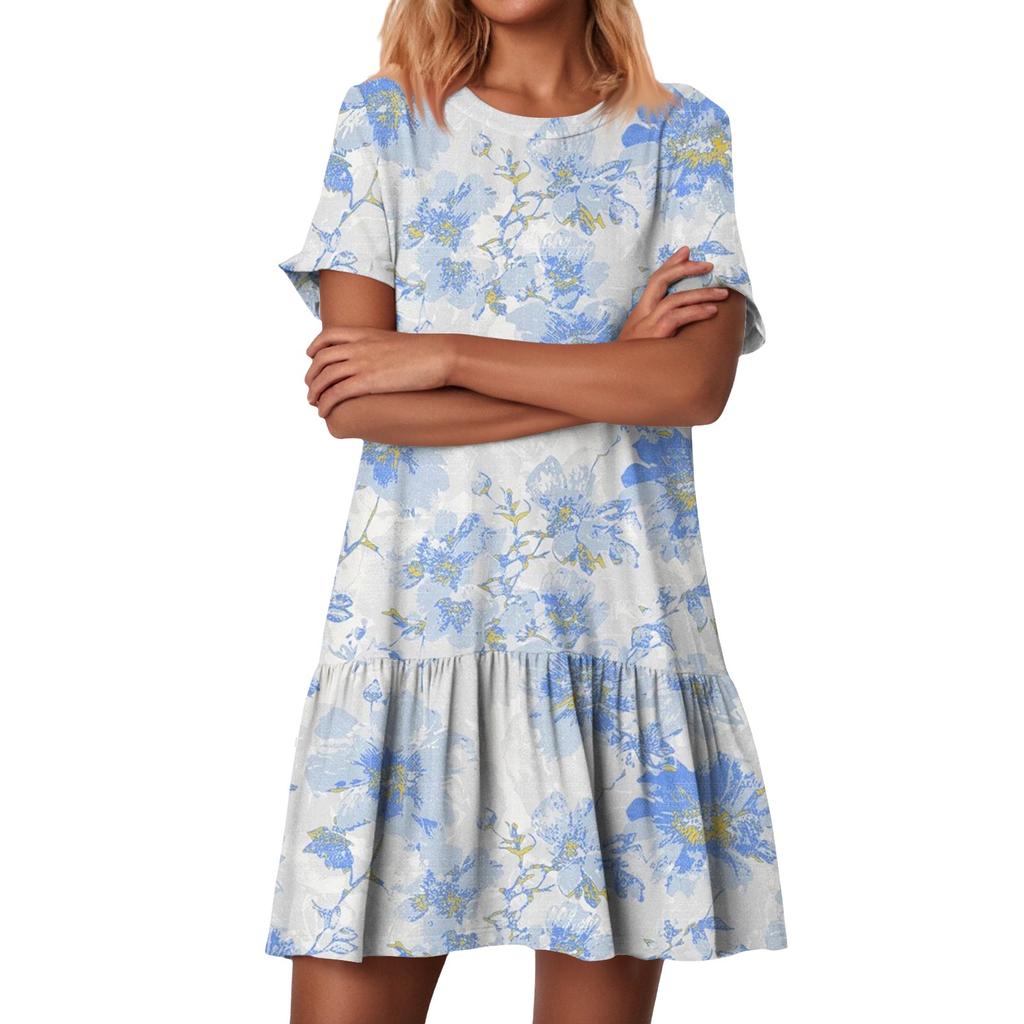 Women's Fashion Casual Round Neck Short Sleeve Ruffled Vintage Printed Dresses