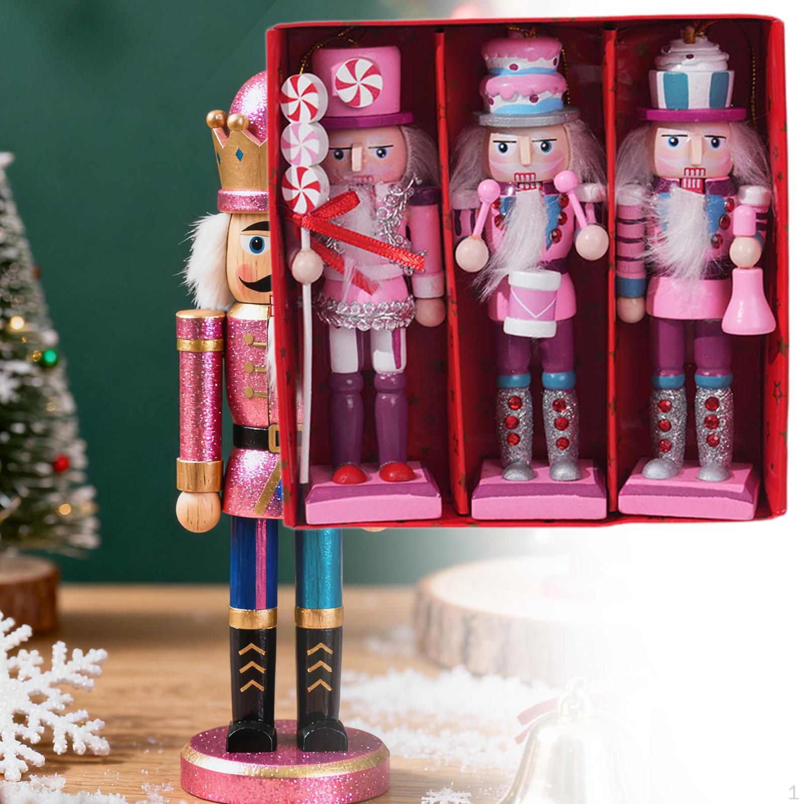

Set of 3 Pink Glitter Wooden Nutcracker 13cm Xmas Figurine for Housewarming Present Decorative