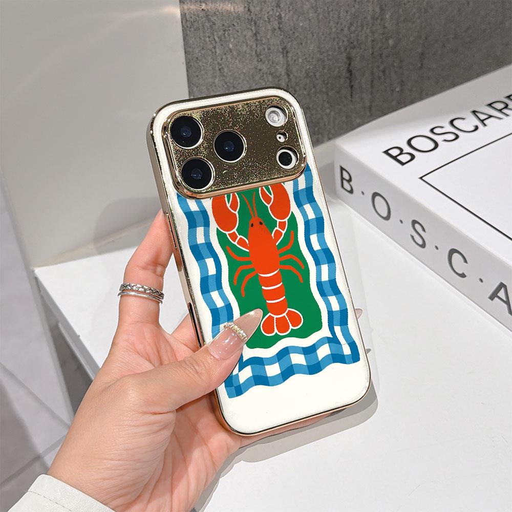 Lucky Start Phone Case For iPhone 17 16 15 14 13 12 Pro Max 16E Gold Electroplated Glass Shell Checker Lobster Nautical Art Cover