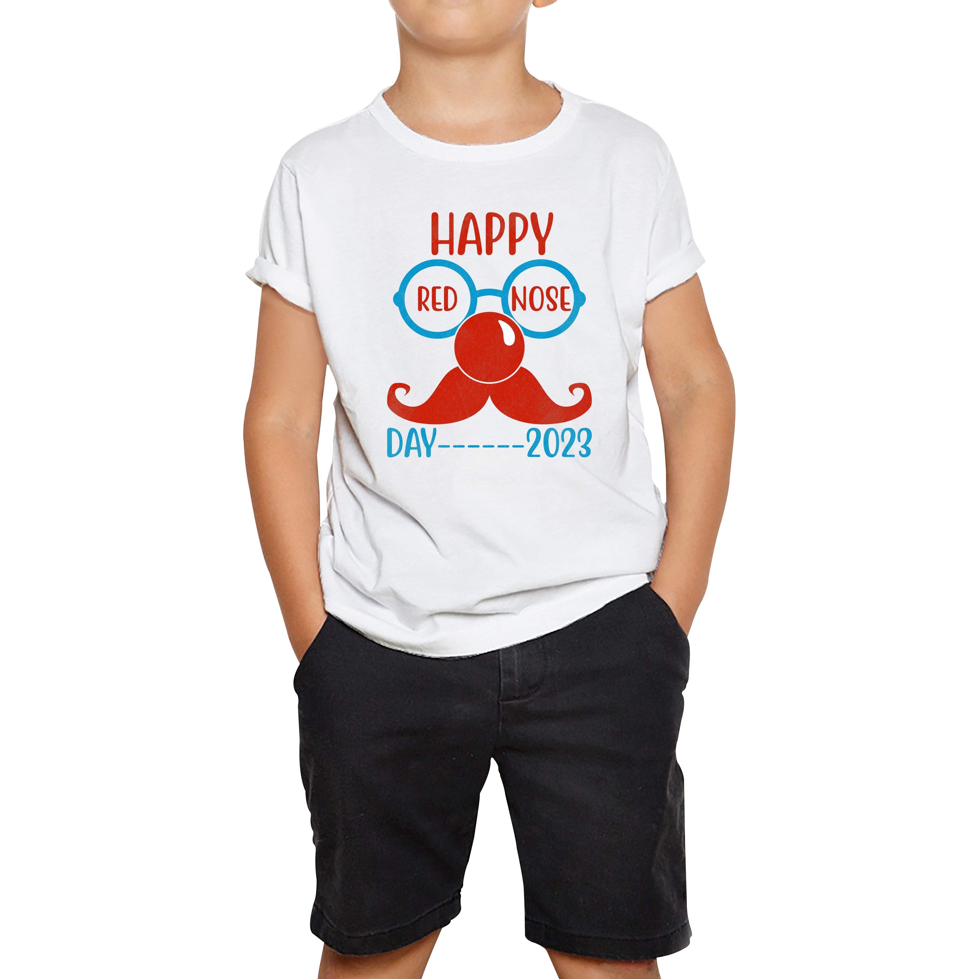 

Happy Red Nose Day 2023 Glasses Moustache Child Poverty Awareness Party Wear Kids Tee 120