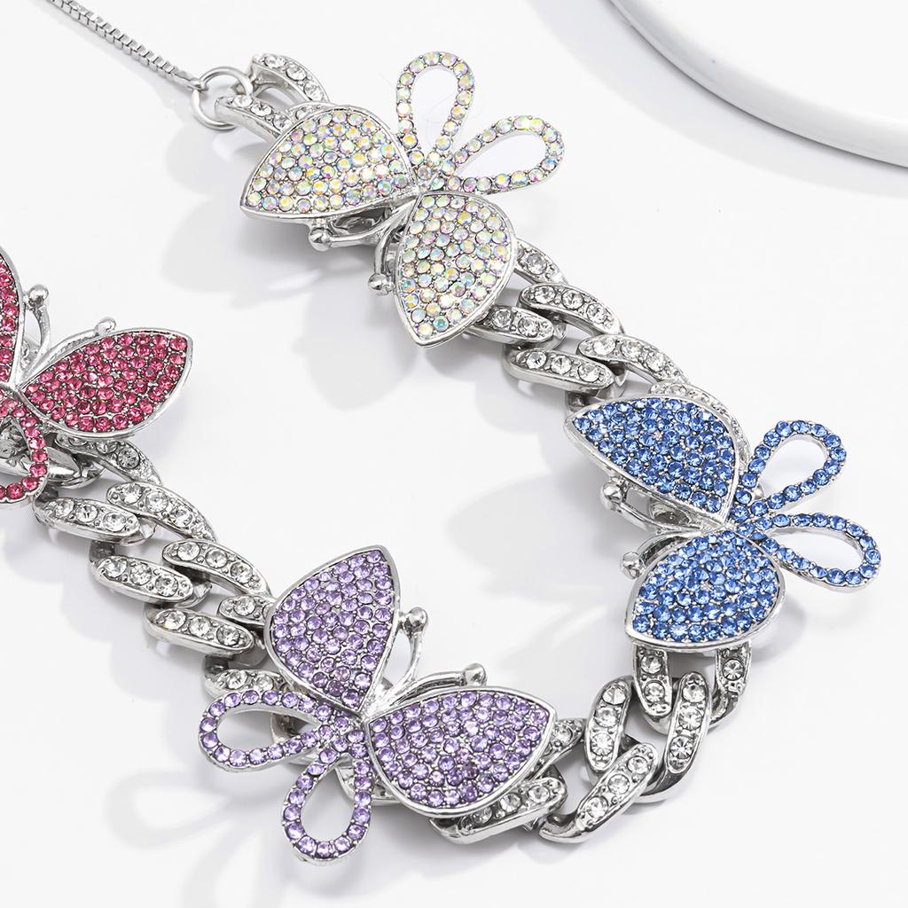 Accessories, Hip Hop Full Diamond Cuban Buckle Chain Necklace, Vintage Exaggerated Color Diamond Set Butterfly Necklace