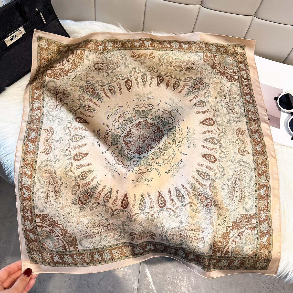 70 Retro Cashew Delicate Printed Silk Scarves Women S Daily Versatile Premium Sense Multifunctional Travel Sunscreen Neck Silk Scarves 65*65cm