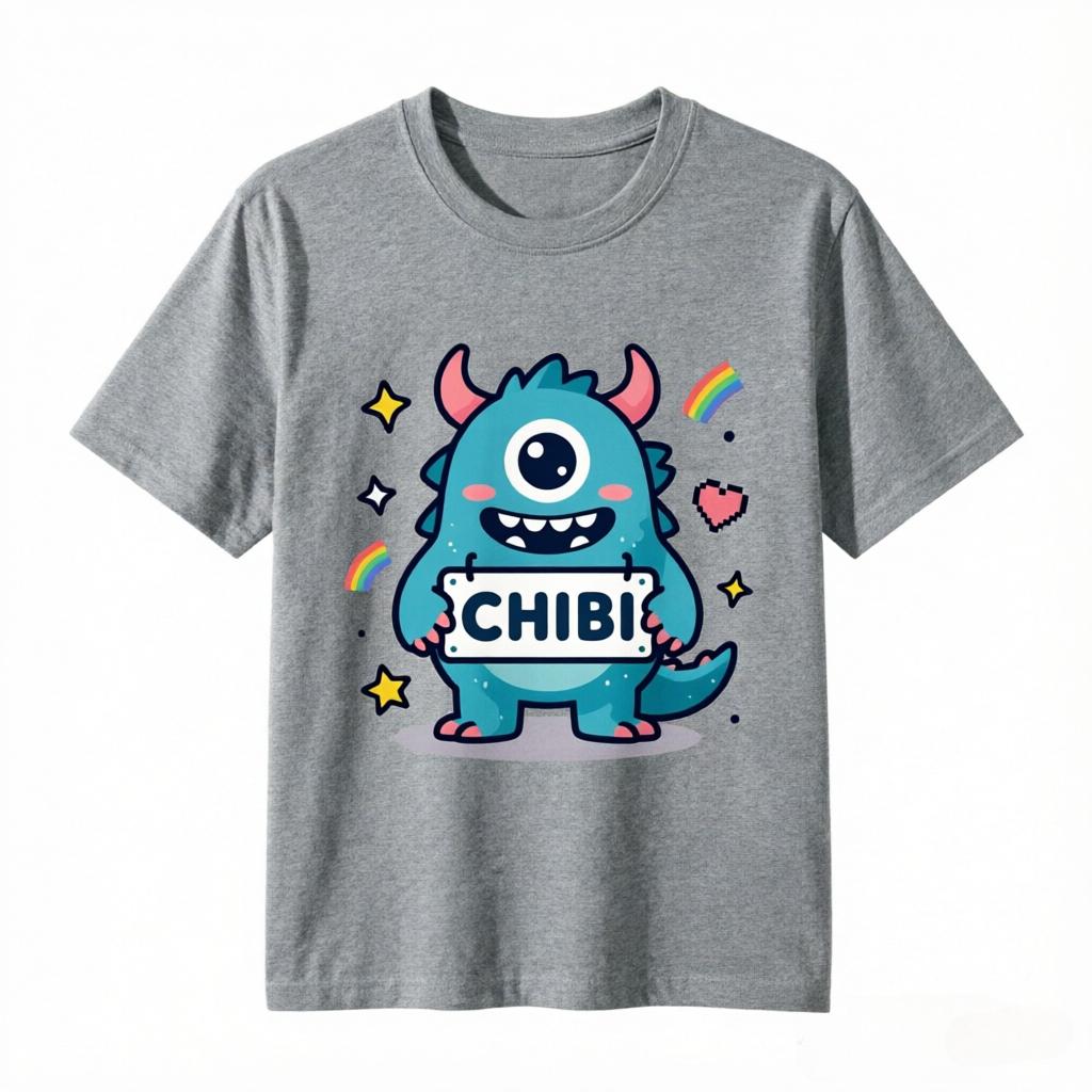 Unisexs Kawaii Chibi Blue Little Monster With Chibi Sign Print T Shirt Harajuku Casual Tee Unisex Summer Cotton Short Sleeve Tops