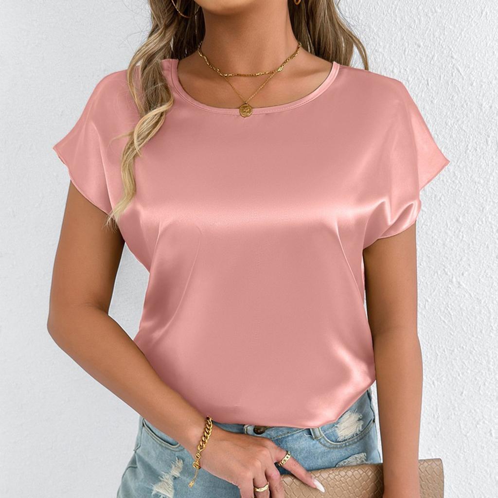 Damen Modisches Lässiges Einfarbiges Rundhals Kurzarm-Top Kurzarm-Top