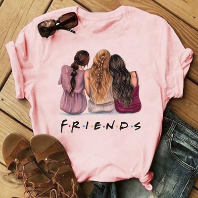 Sommer Gute Freunde Cartoon Print Lässiges Lockeres Rundhals Oberteil T-Shirt Damen Kurze Ärmel Grafik T-Shirts