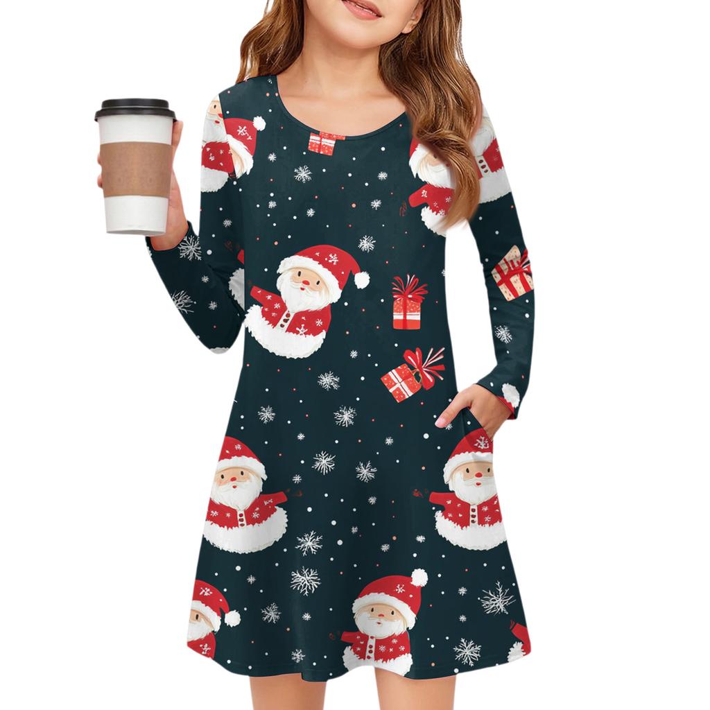 Christmas Day Girls' Long Sleeve Dress - Color Pocket Dress