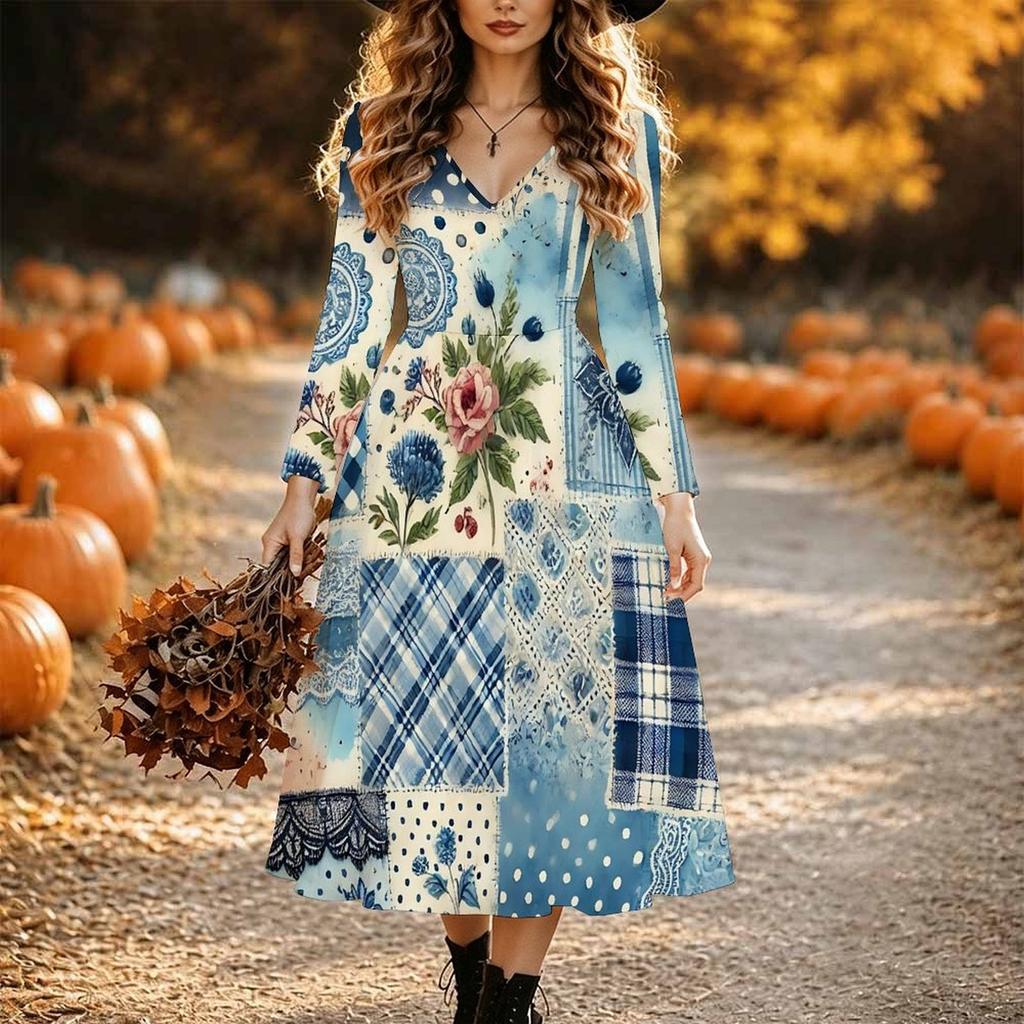 Halloween Women's Purple Ombre Floral Print Midi Dress A Line Dress Vacation Casual Daily Regular Fit  Long Sleeve V Neck Black  Spring Fall