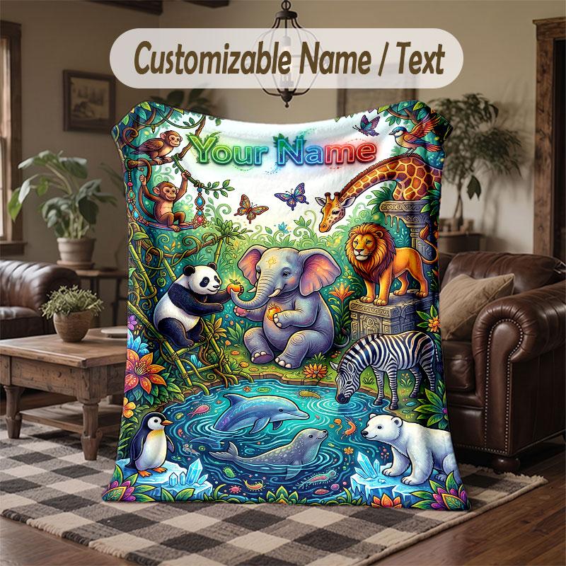 Wildlife Animals Theme Throw Blanket Custom Name Text Personalized Blanket Soft Cozy Blanket for Home Sofa Bed