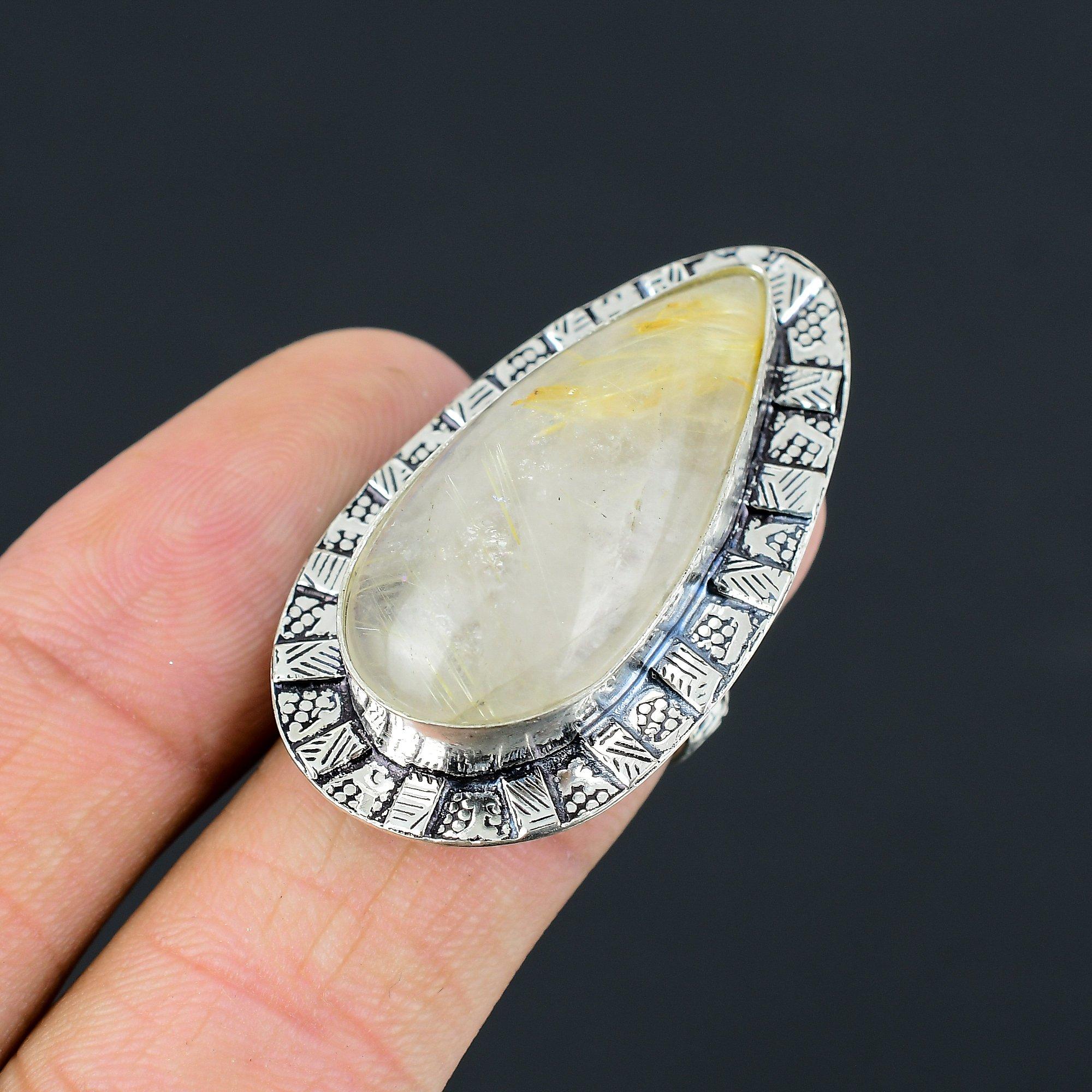 Womens day Sale Golden Rutile Stone 925 Sterling Silver Stackable Ring Size 7 7