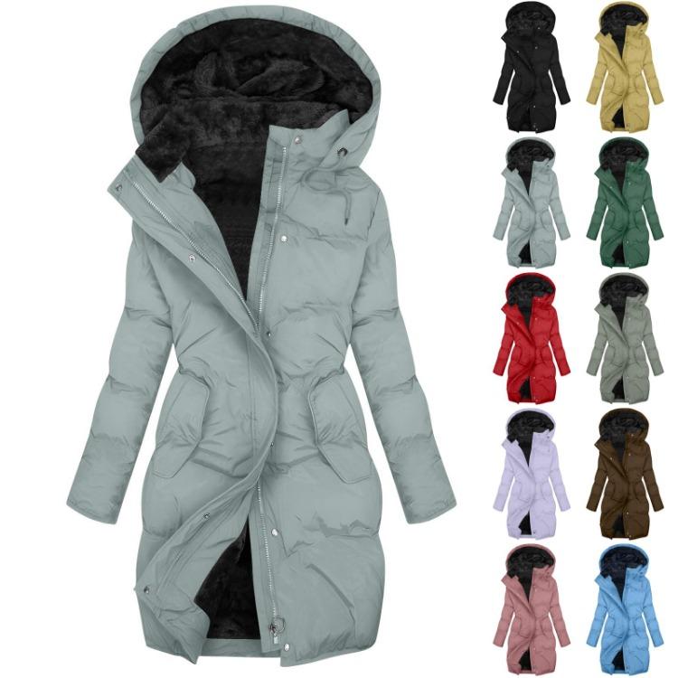 Warm Womens Cotton Jacket Long Sleeve Hooded Zipper Coat Solid Color Fashion Down Jacket