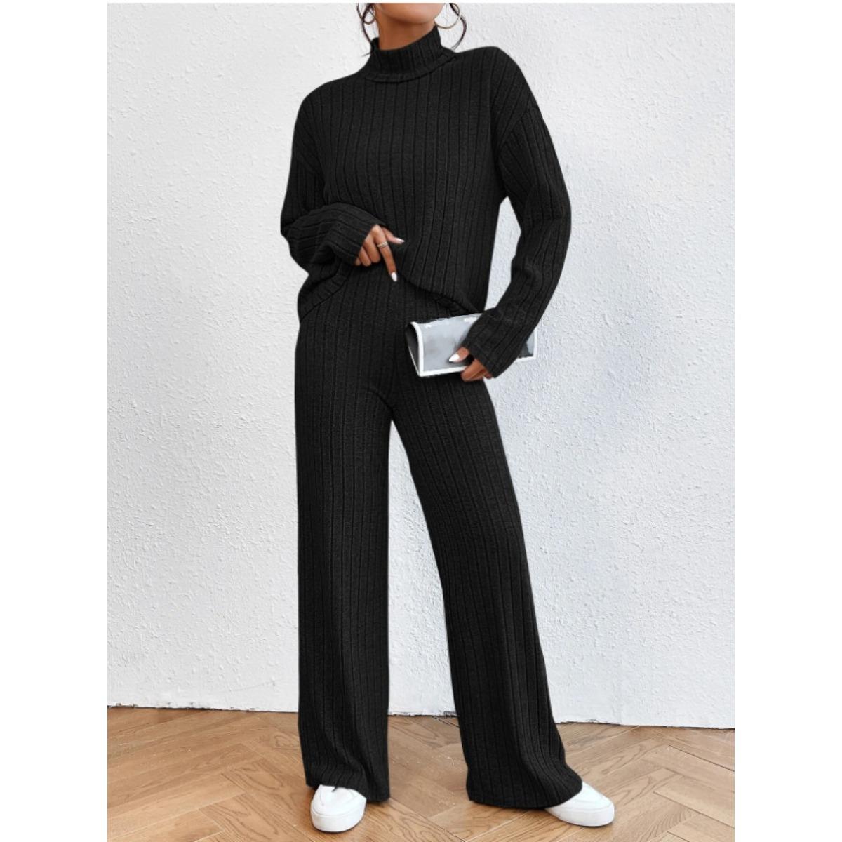 

Осенне-зимний повседневный комплект с высоким воротником, вязаный, с длинными рукавами, женское худи для внешней торговли, свободные брюки, комплект из двух предметов XL