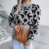 Women Autumn Winter Leopard Print Knitted Crop Sweater Long Sleeve O Neck Nipped Tops Sizes S to L