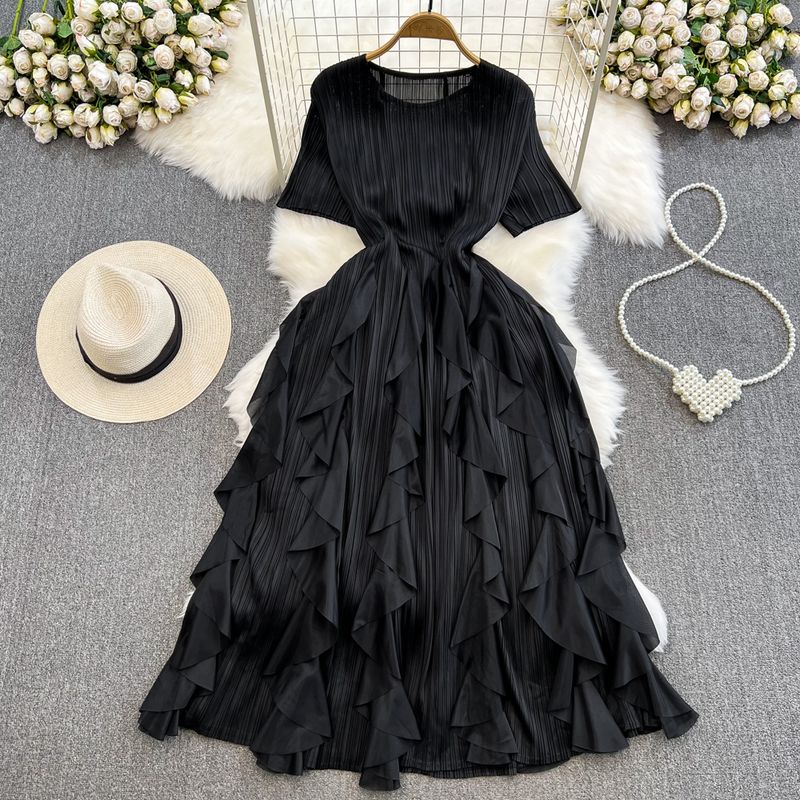 

Sanzhai Ruched Fairy round Neck A- line Ruffled Long Dress Black All yards