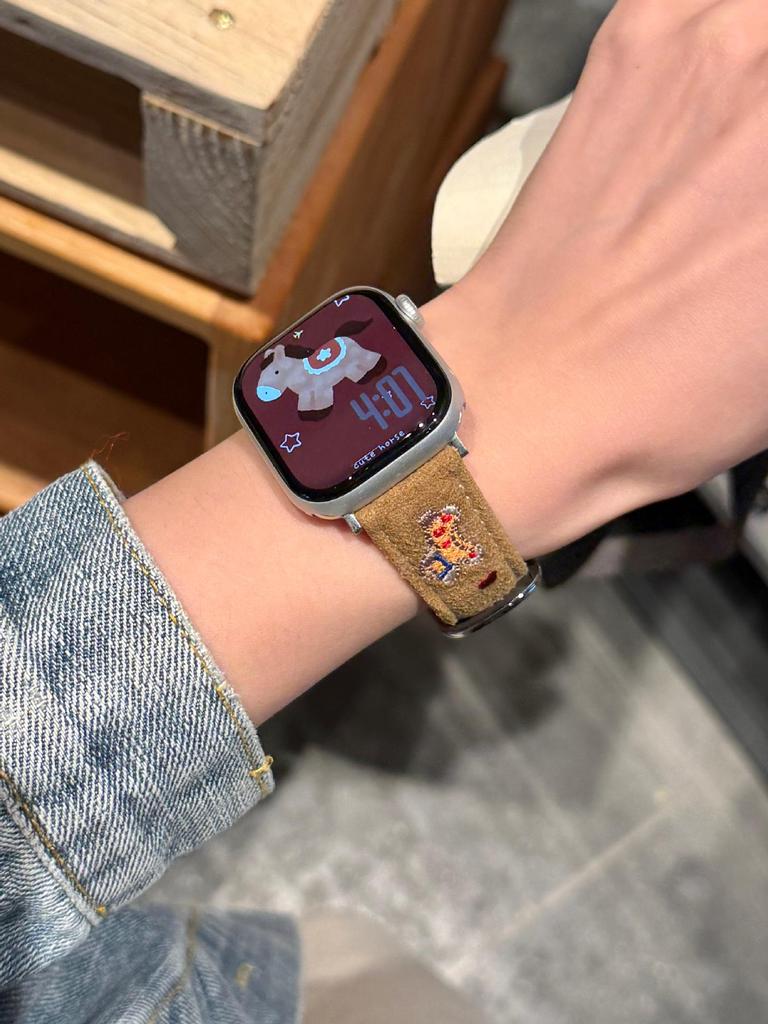 New Year Small Horse Embroidery Velvet Leather Strap for Apple Watch Series 11 10/9/8 Ultra SE
