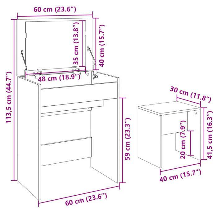 VidaXL Dressing Table and Stool Sonoma Grey 60x40x113.5 Cm, Makeup Table, Bedroom Dressing Table, Dressing Table with 848218