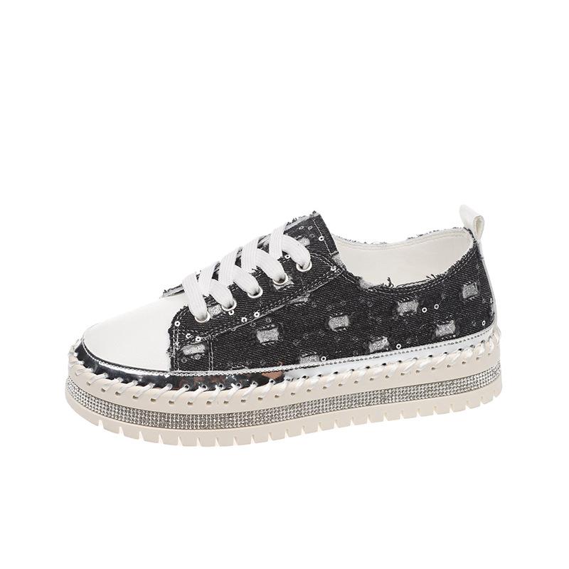 2025 summer new women's platform rhinestone casual style front lace-up explosive canvas shoes