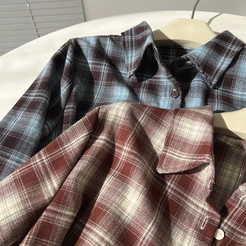 Cămașă de damă retro în carouri periată, stil coreean de toamnă/iarnă, bloc de culoare, cu guler polo larg, top gros casual.