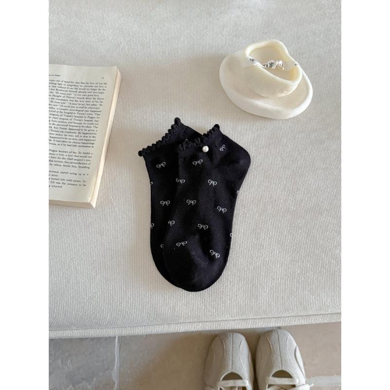 Short Socks - Women s Summer Lightweight Short Tube Socks with Bow Ties and Pearl Lace Trim, Cute Bubble Edges, Women s Boat Shoes 1 pair