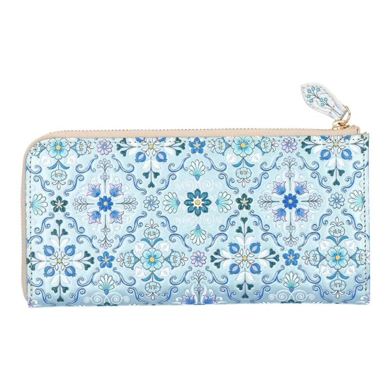 

[Asakusa Bunko] L-shaped zipper long wallet orient Shiny pattern slim wallet wallet Yuzen dyeing leather Edo Komon metallic blue