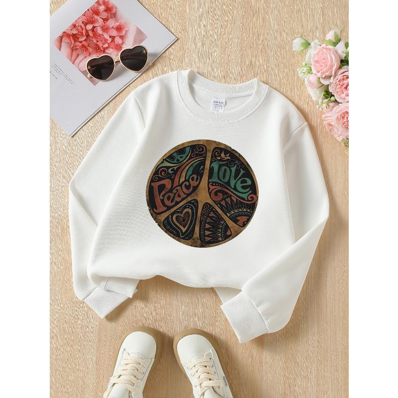 Girls' Long-Sleeve Round Neck Sweatshirt with Printed Design "Peace Love Sign" Suitable for Spring And Autumn, Fashionable And Casual