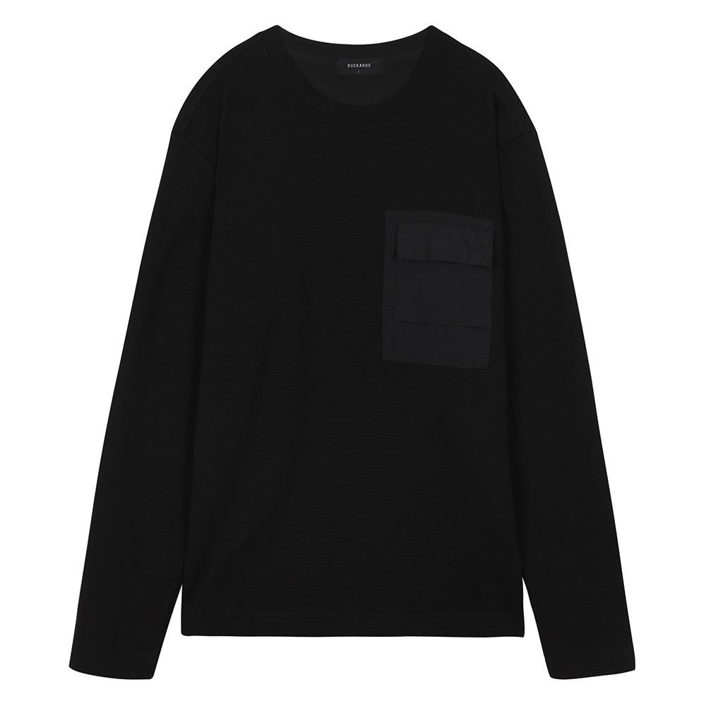 Burkeru Men S Waffle Woven Pocket Long Sleeve Ts Black Black_L